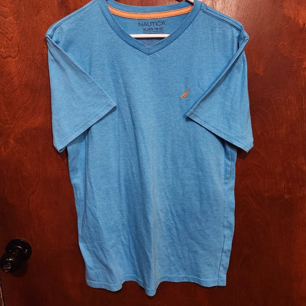 Nautica Shirt Mens Extra Large Blue V Neck Short Sleeve Logo Stretch Pullover